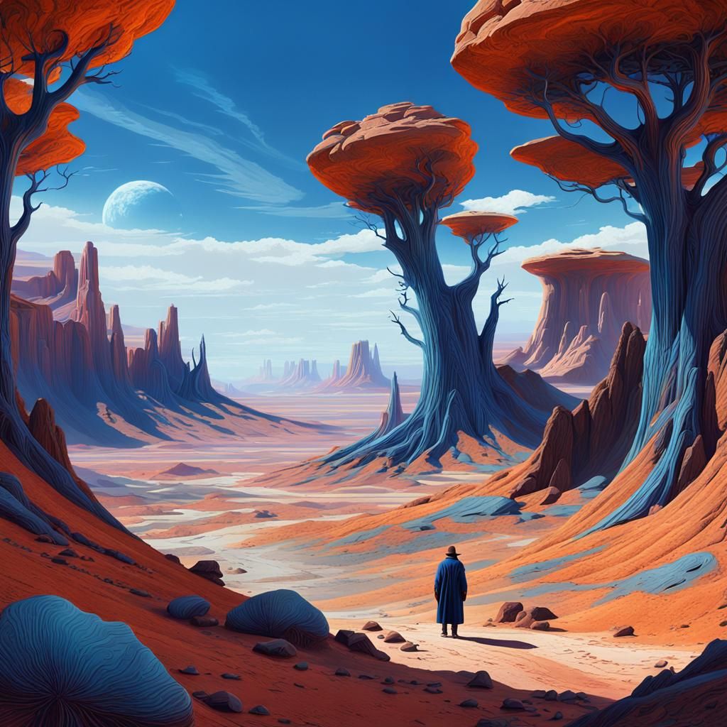 Mysterious Figure in a Fantasy Desert Landscape