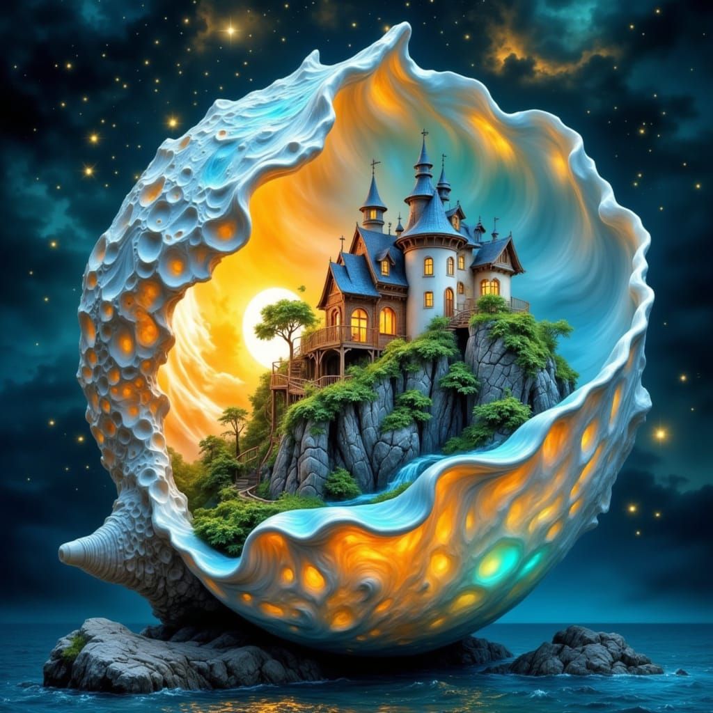 Ethereal Shell Illuminates Whimsical Castle Scene in Dreamli...