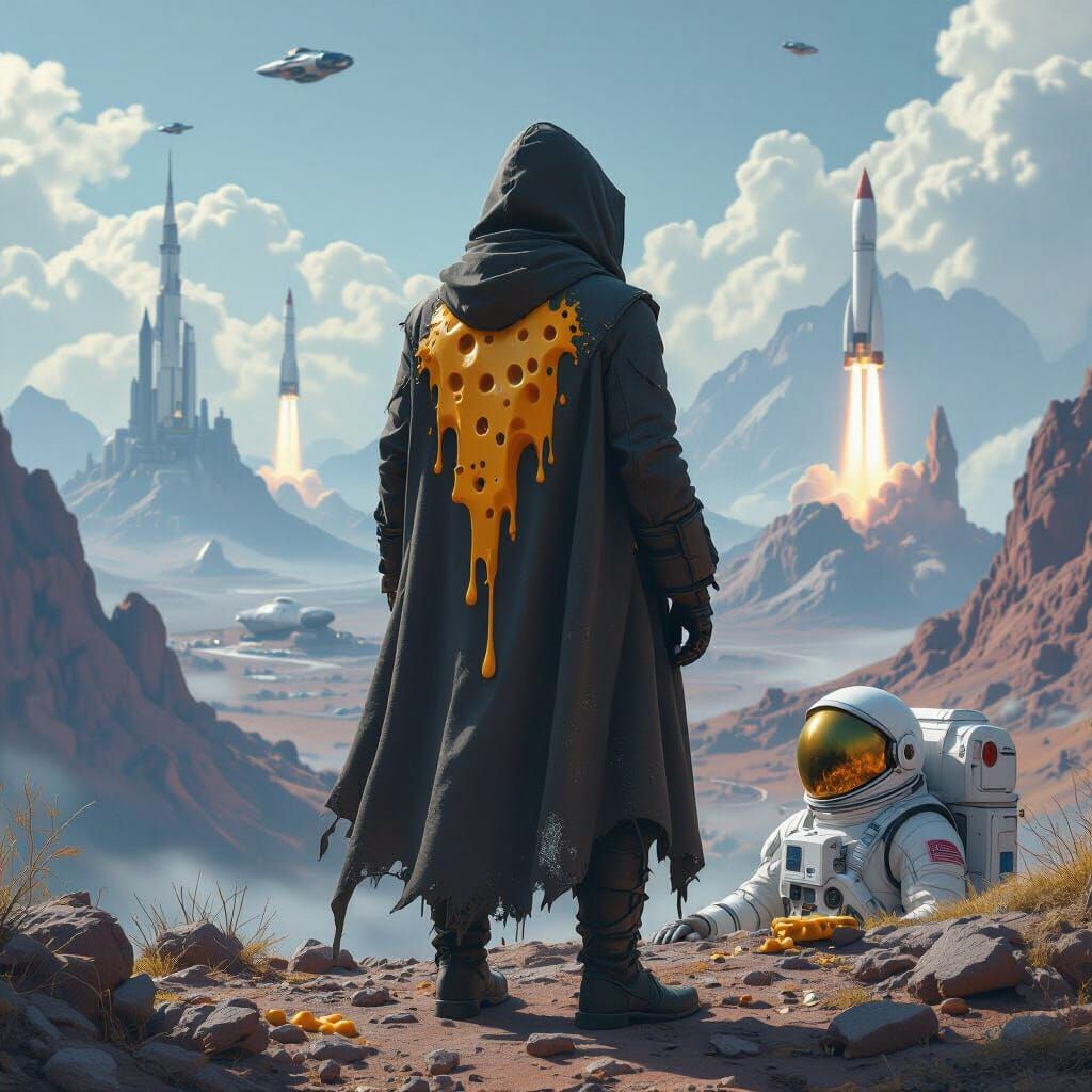 Hooded Figure Watching Spaceships Launch in Rugged Valley