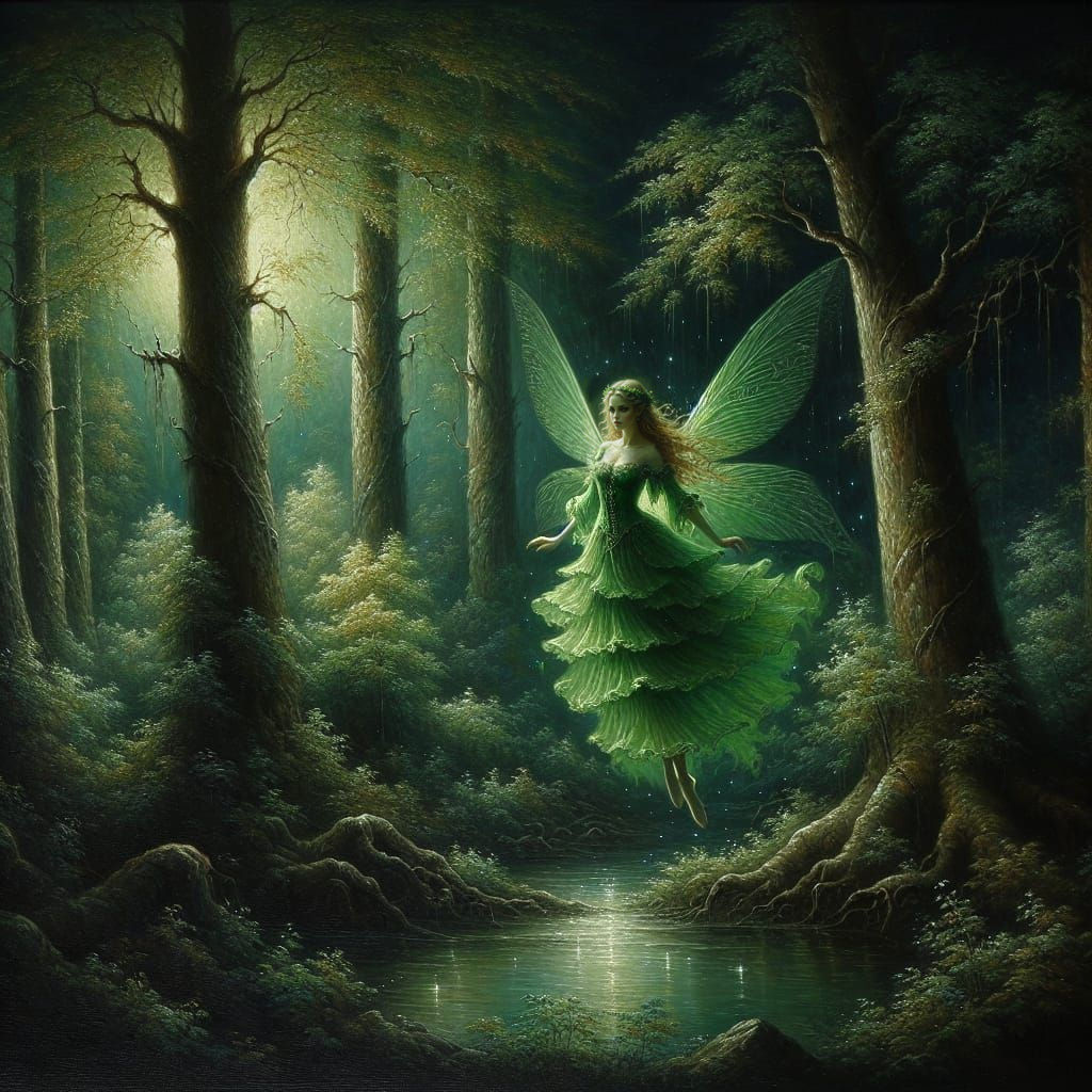 Romantic Forest Fairy in Dark, Mysterious Landscape