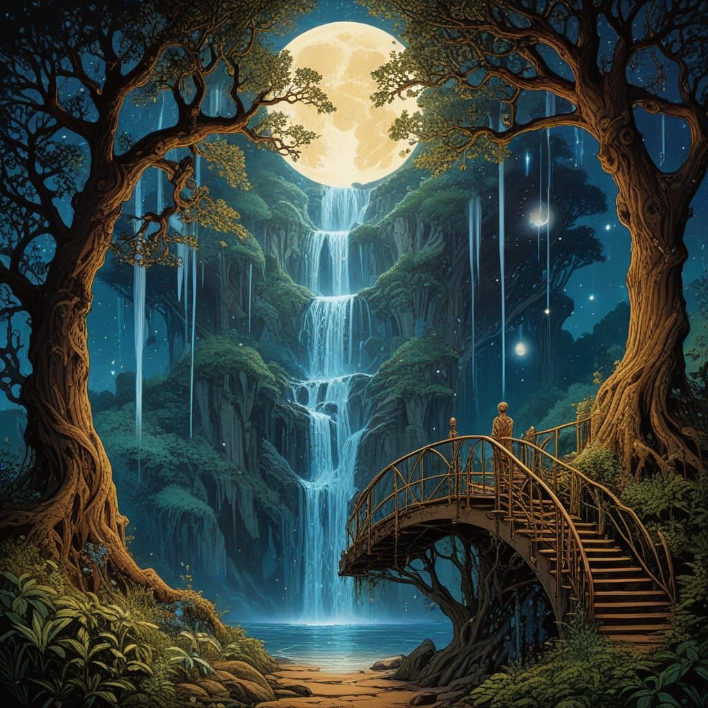 Ethereal Tree of Radiant Waterfalls in Art Nouveau Style
