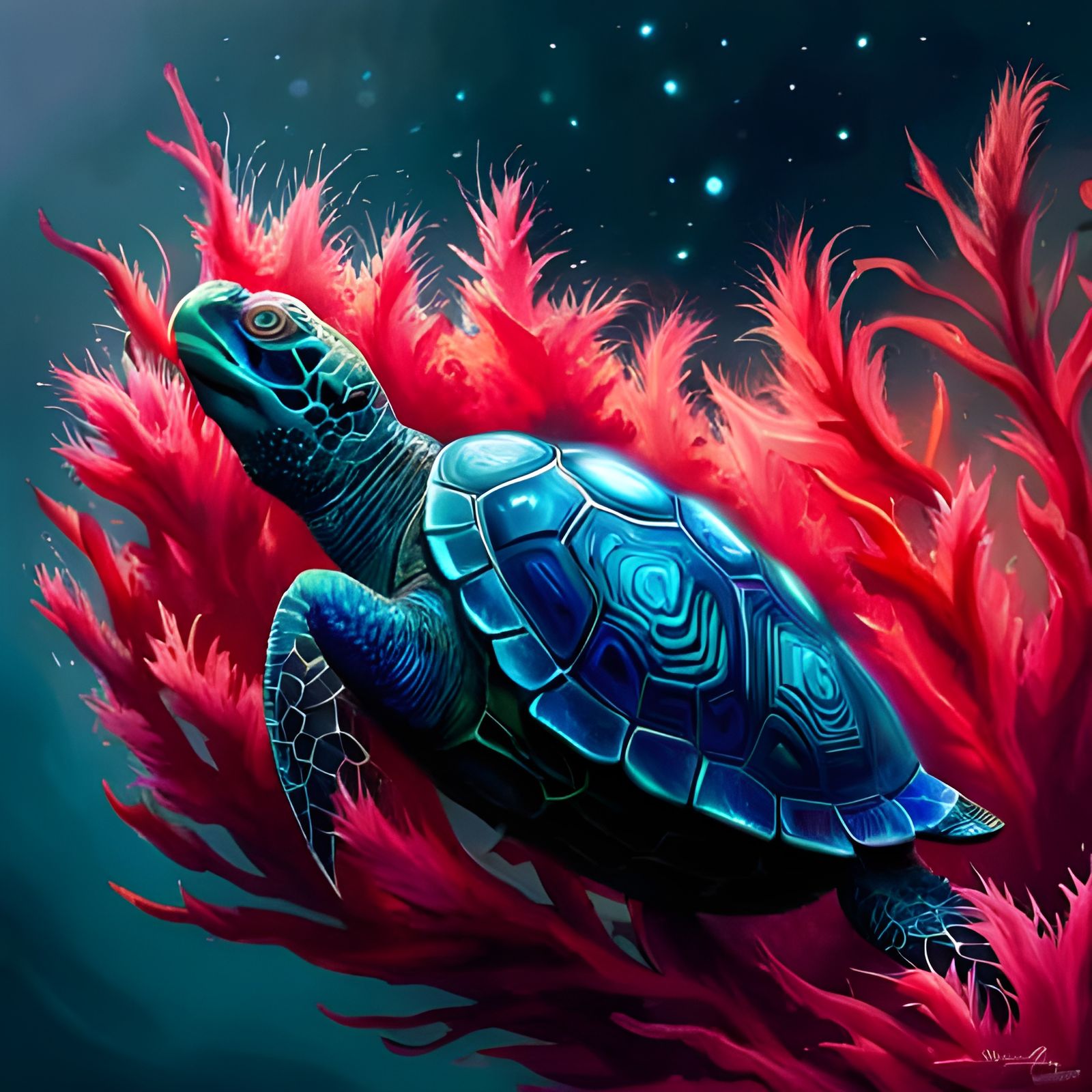 Colorful Turtle in Anemones: Hyperdetailed Fantasy Art