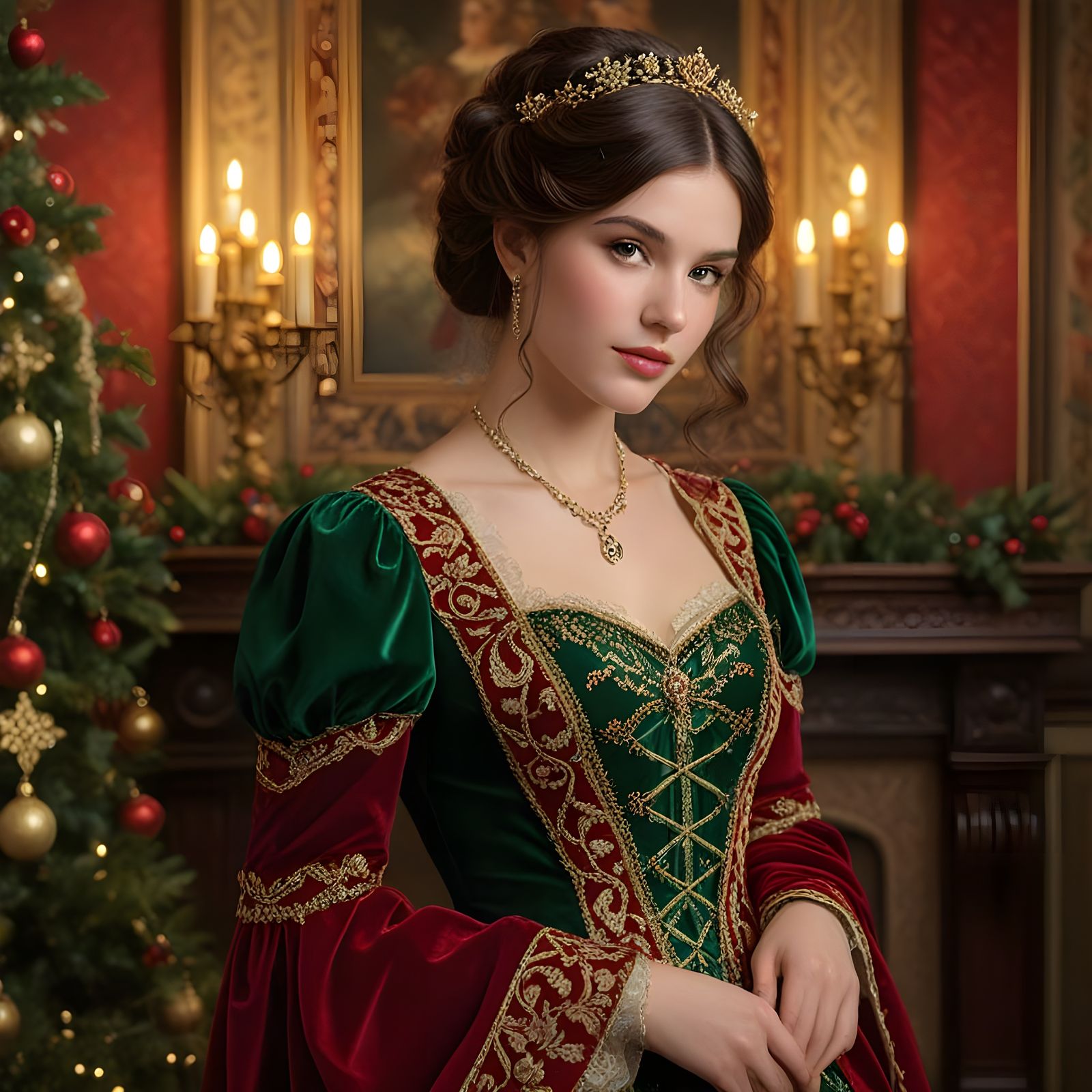 Merry Christmas in Red and Green Velvet Gown