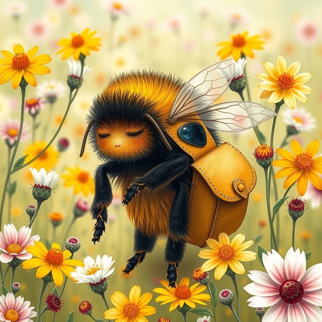 Sleepy Bumblebee in Sunny Meadow, Storybook Illustration
