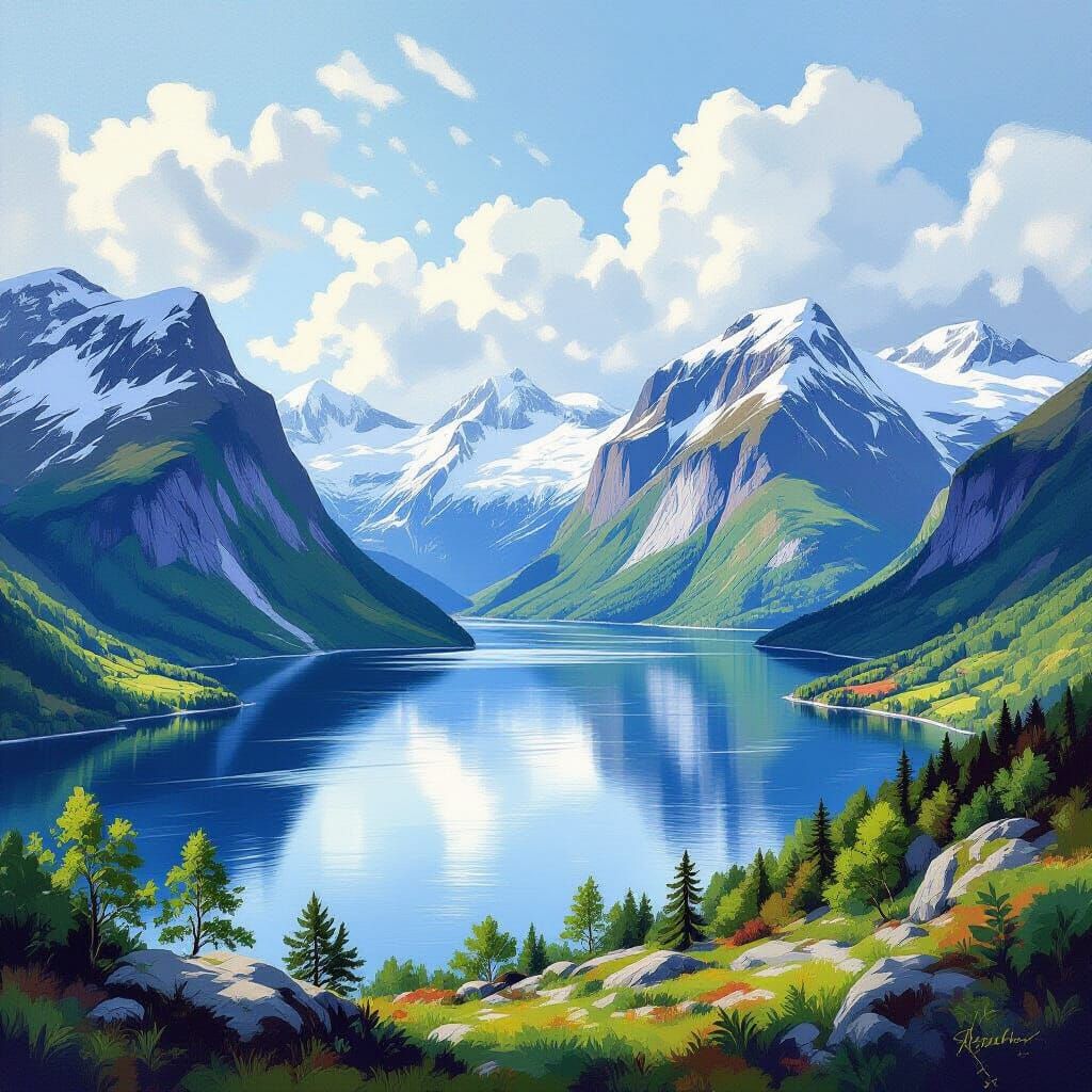 Norway Landscape Painting with Fjords and Mountains