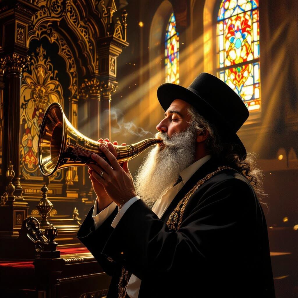 Hasidic Man Blows Shofar in Synagogue, Rembrandt Style