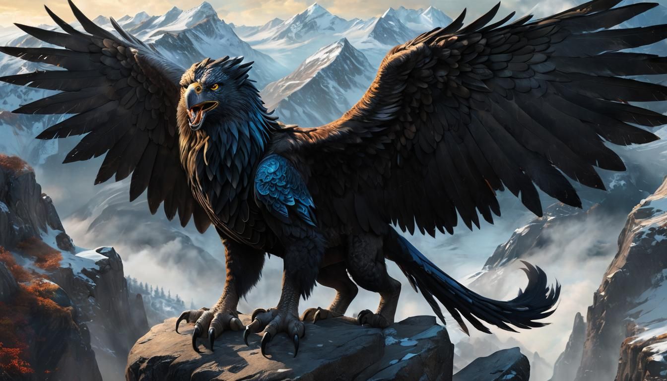 Majestic Black Griffin on Mountain Ledge