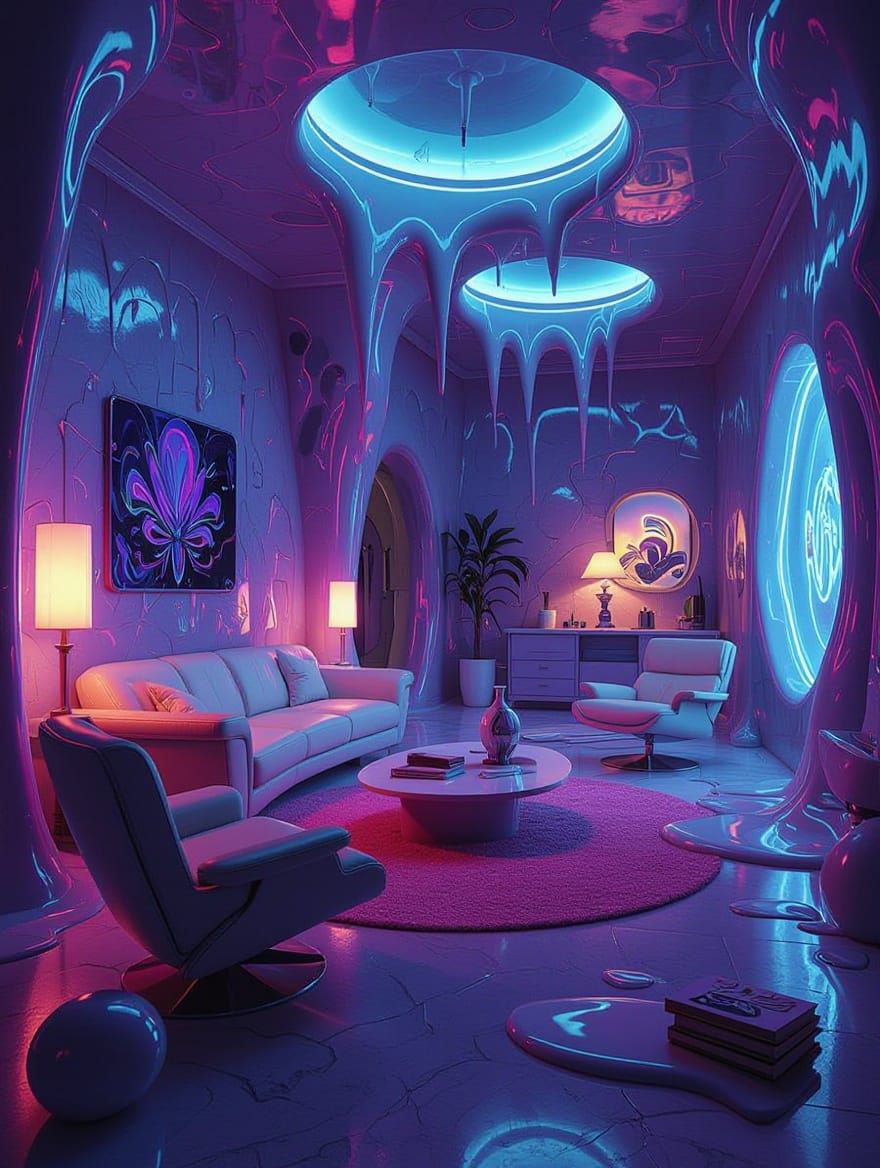 Dreamlike Futuristic Living Room in Vibrant Neon Colors