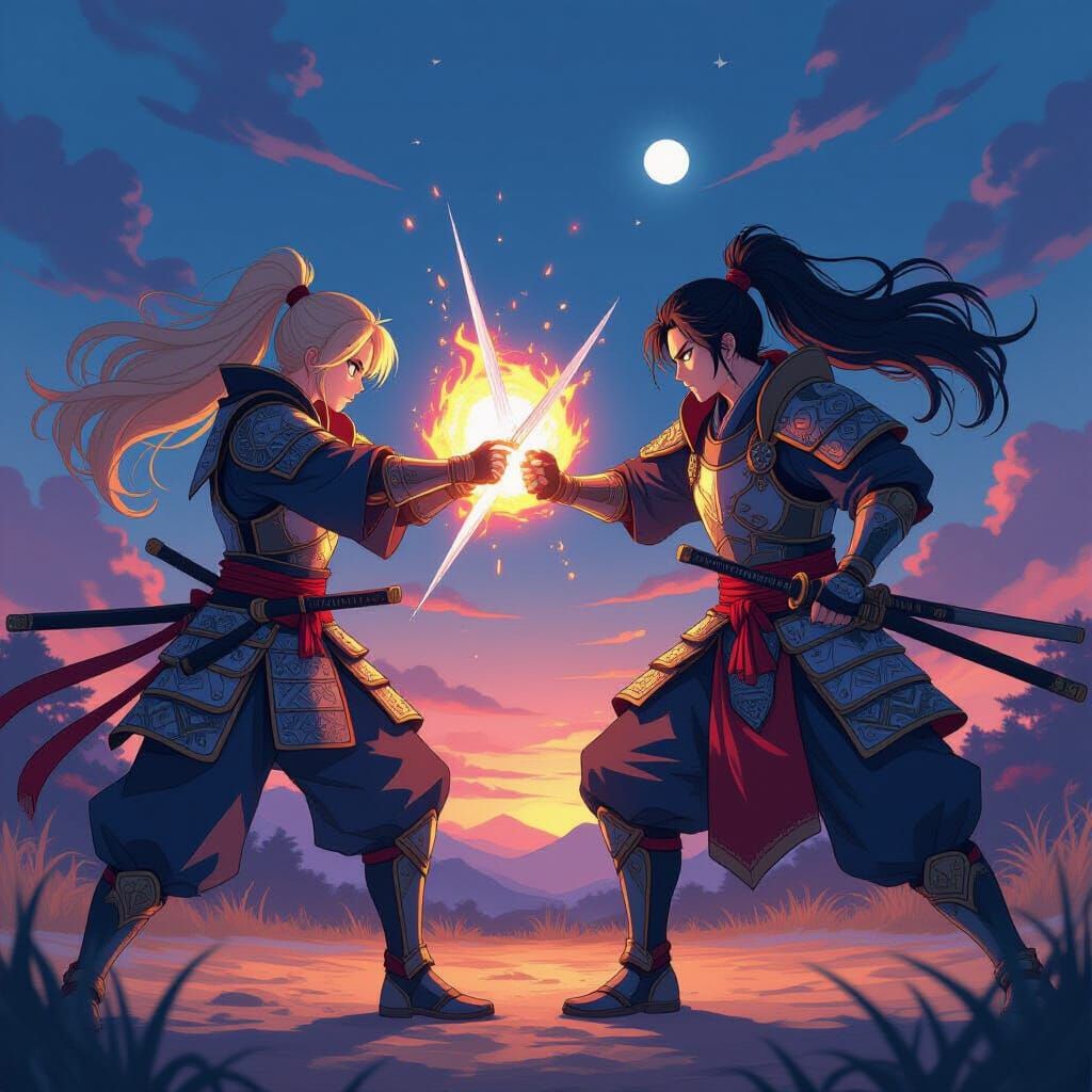 Anime Warriors Clash Under Twilight Sky