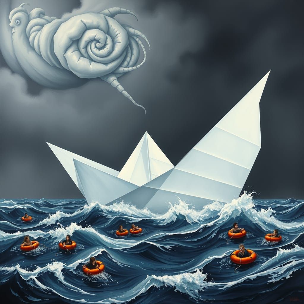 Surreal Origami Boat Adrift in Turbulent Stormy Sea