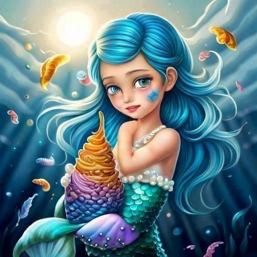 Hyperrealistic Baby Mermaid Eating Ice Cream Portrait
