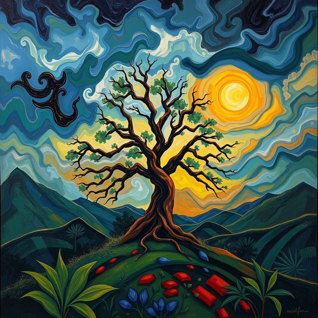 Surreal Storm Landscape with Majestic Tree in Vibrant Fauvis...