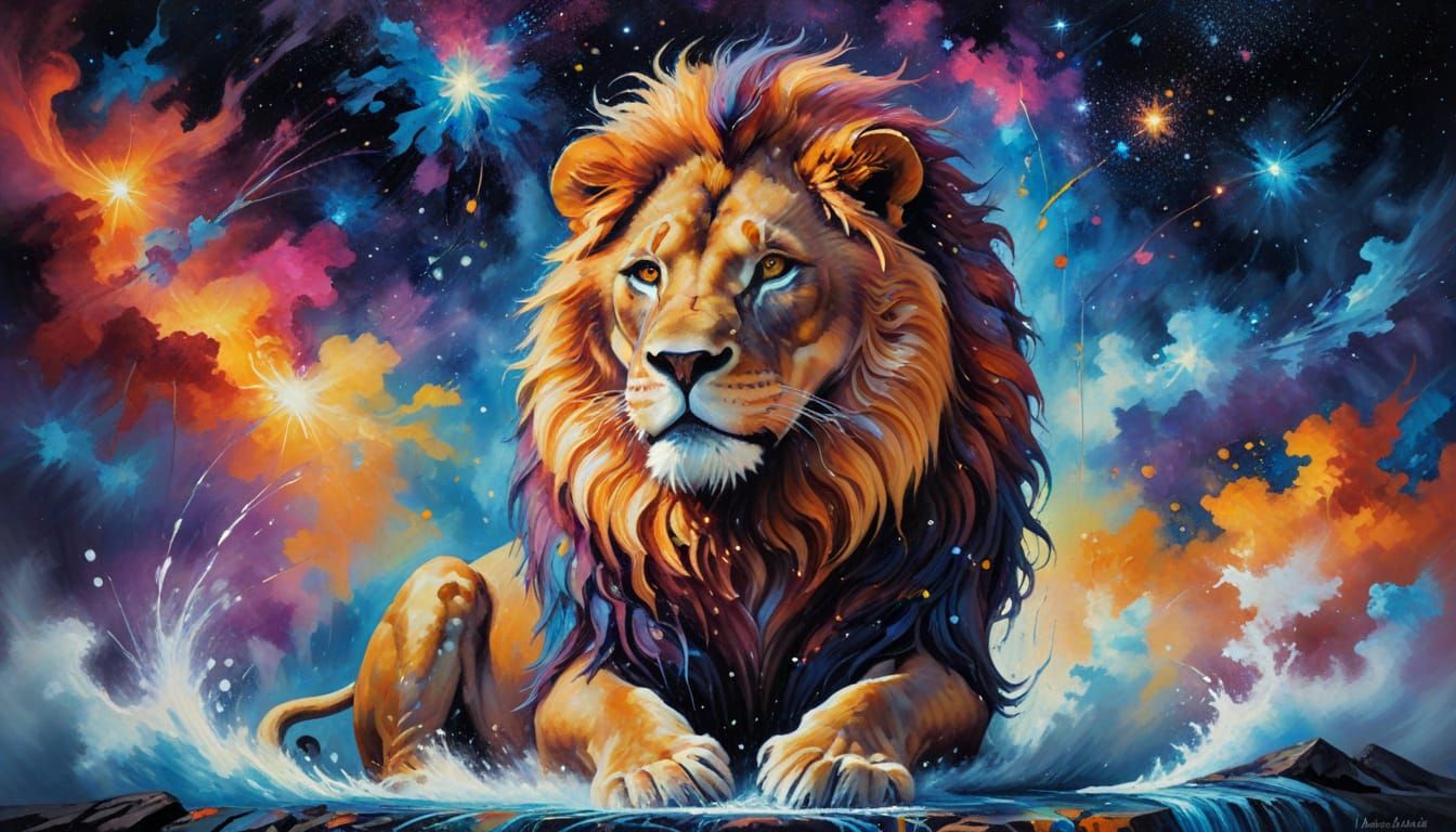 Lion with Starlight Mane in Expressionist Oil Painting
