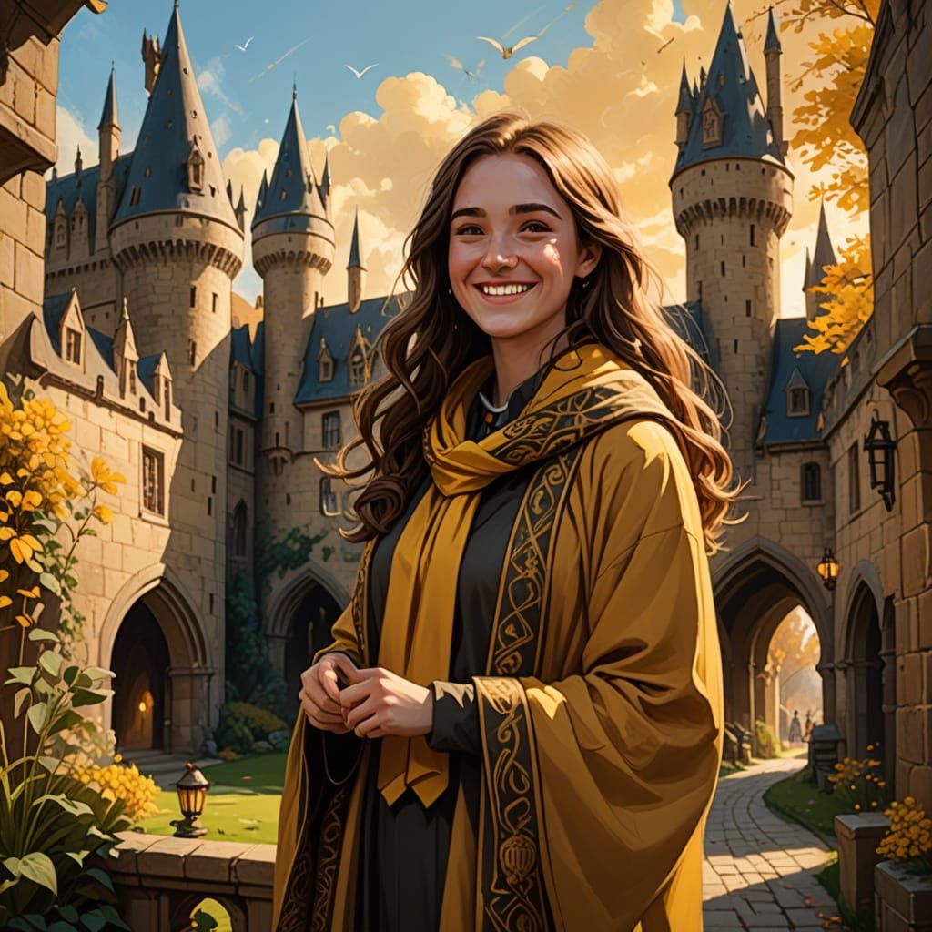 Hufflepuff Student in Hogwarts Grounds - Whimsical Fantasy A...