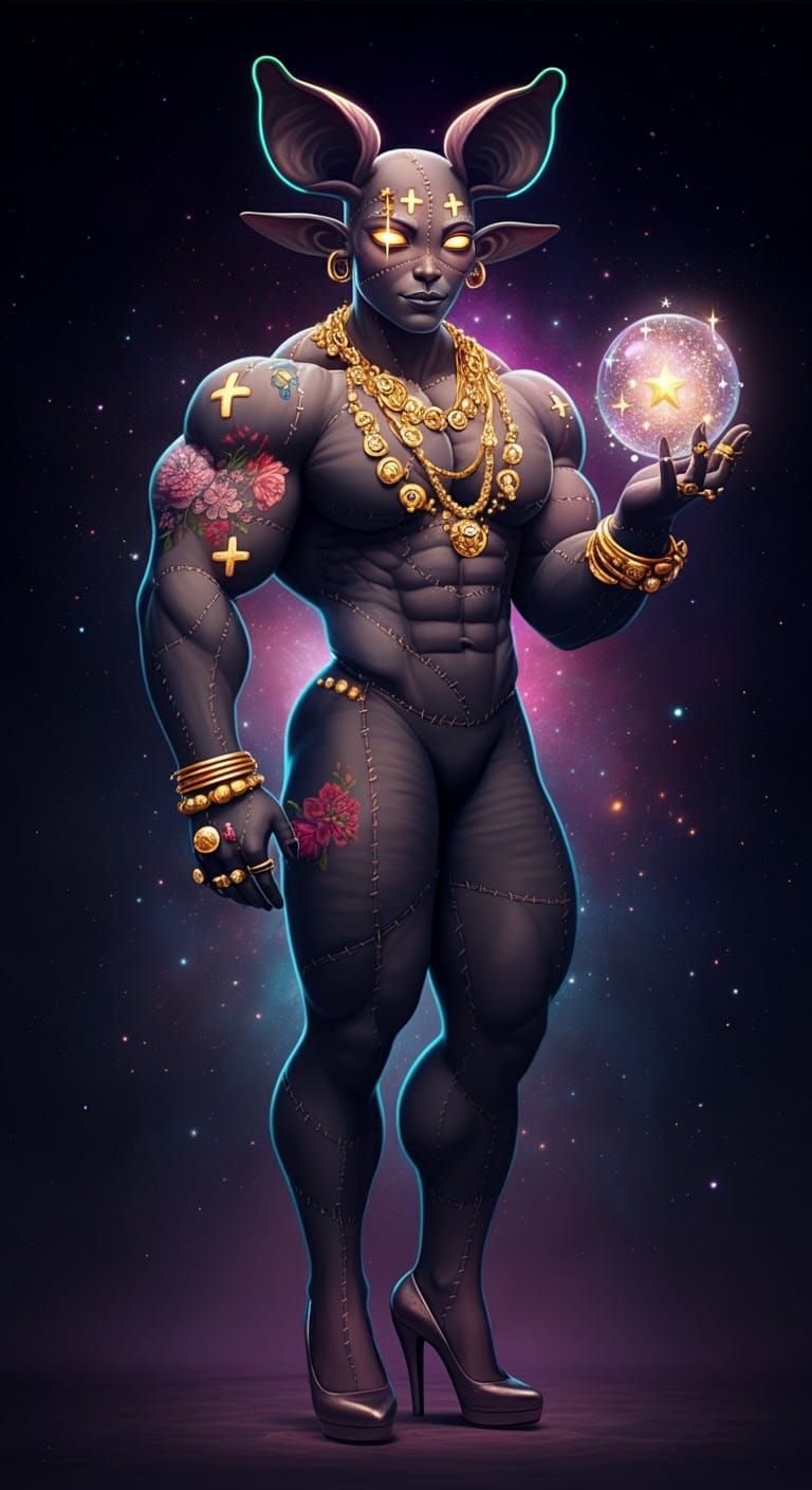 Luminous Alien Holding Star-Studded Sphere