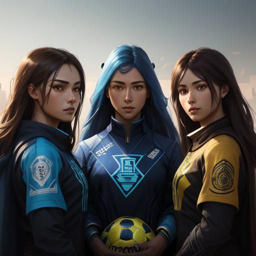 Three Girls Playing Soccer, Digital Art Portrait