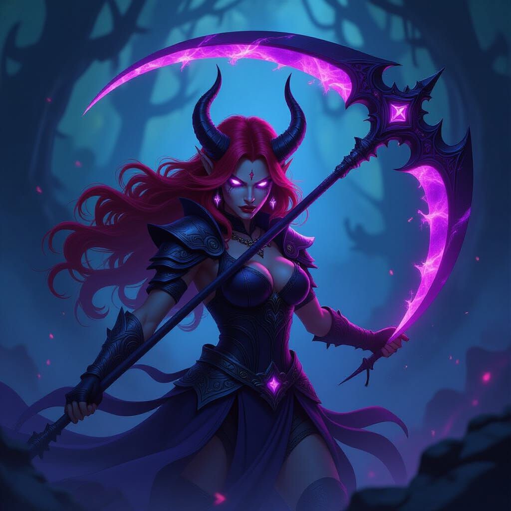 Demon Warrior Woman with Scythe in Cosmic Vortex