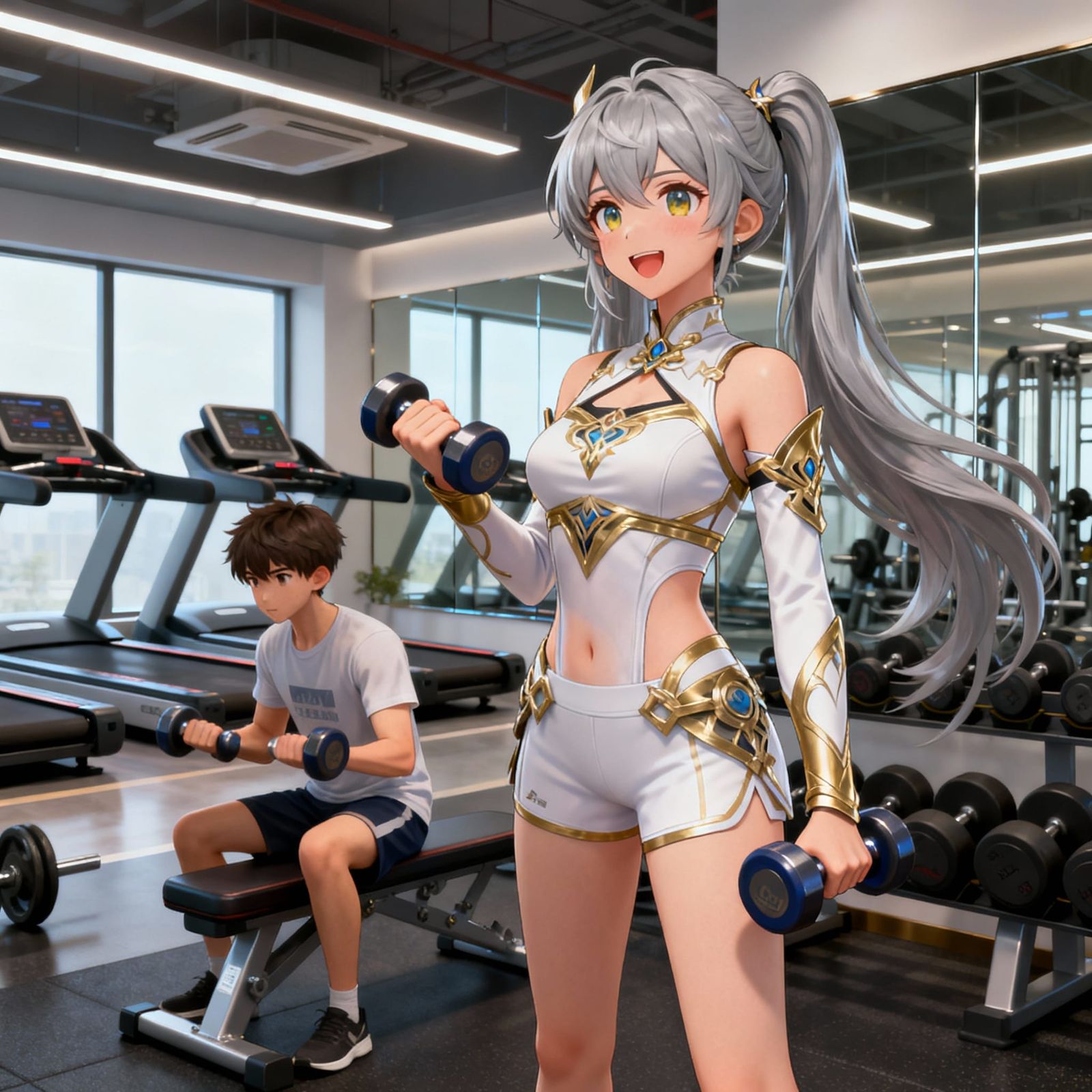 Anime Gym Scene: Cheerful Woman & Determined Boy Exercising