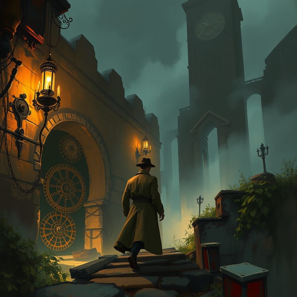 Steampunk Detective in Foggy City Investigates Ancient Ruin