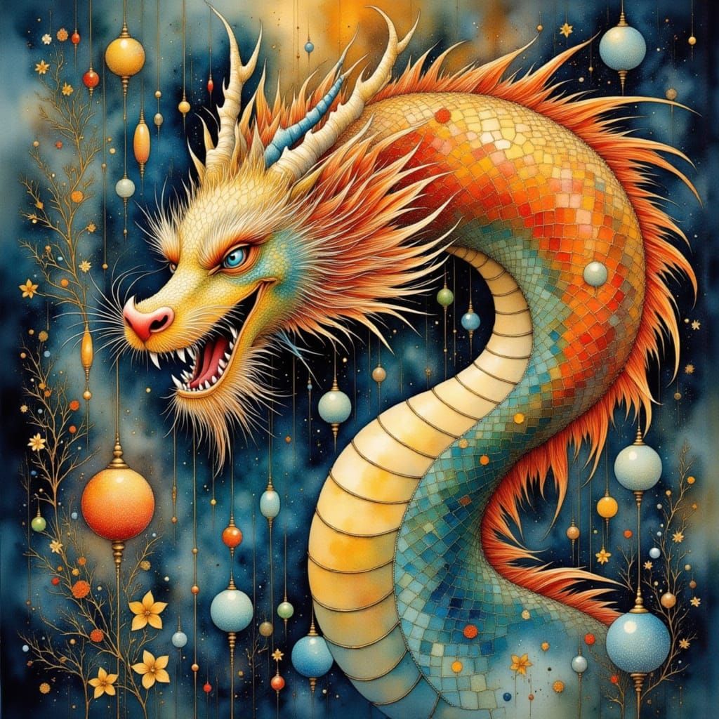 Gothic Stained Glass Chinese Dragon Oil Painting