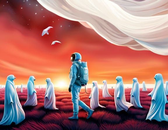 Astronaut in Ghostly Cosmic Horror Landscape