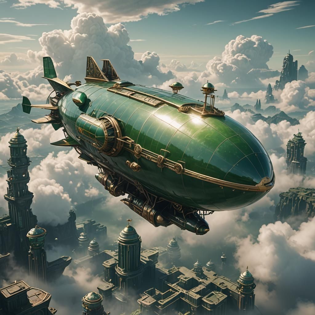 Jade Airship Soaring Through Clouds in Teslapunk Style