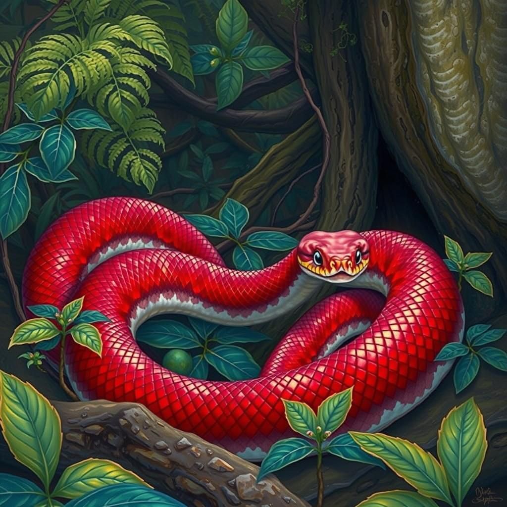 Emerald Jungle Snake Coiled on Mossy Branch