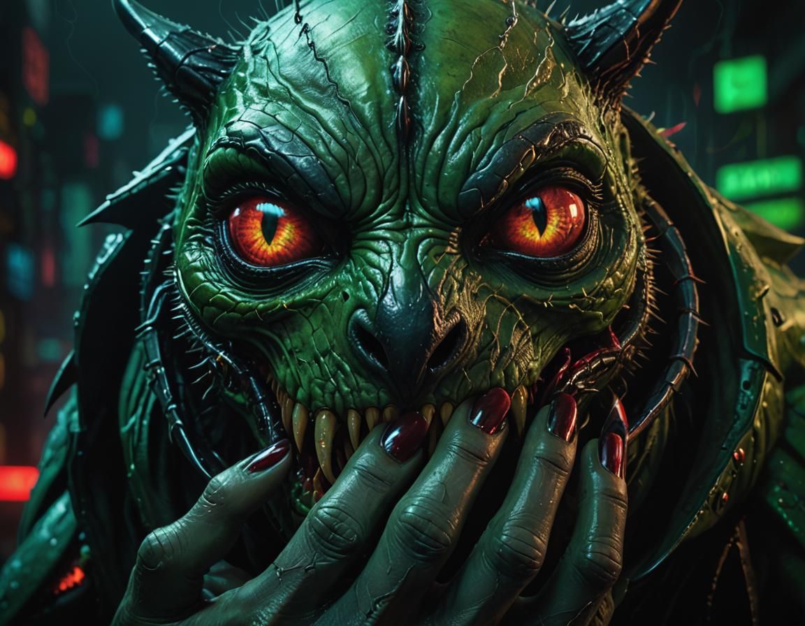 A hyperrealistic closeup portrait of a monstrous green hand,...