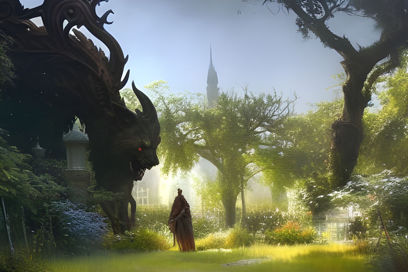 Dark Fantasy Beast in Overgrown Garden