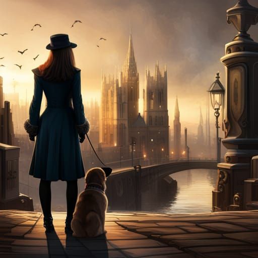 Steampunk City Sunset Gaze with Figure and Dog