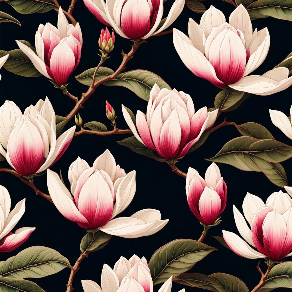 Magnolia Flowers in Japanese Art Deco Style