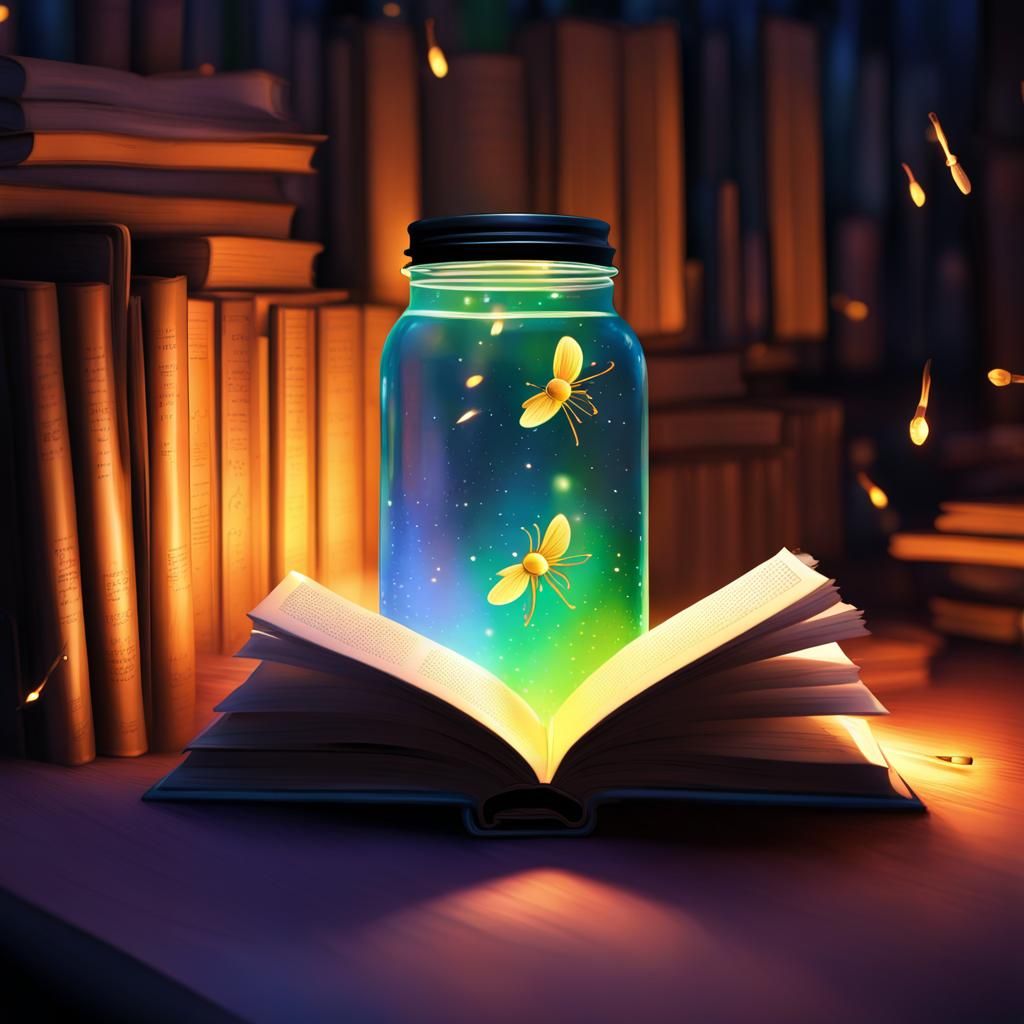 Fireflies Illuminate Book in Glass Jar