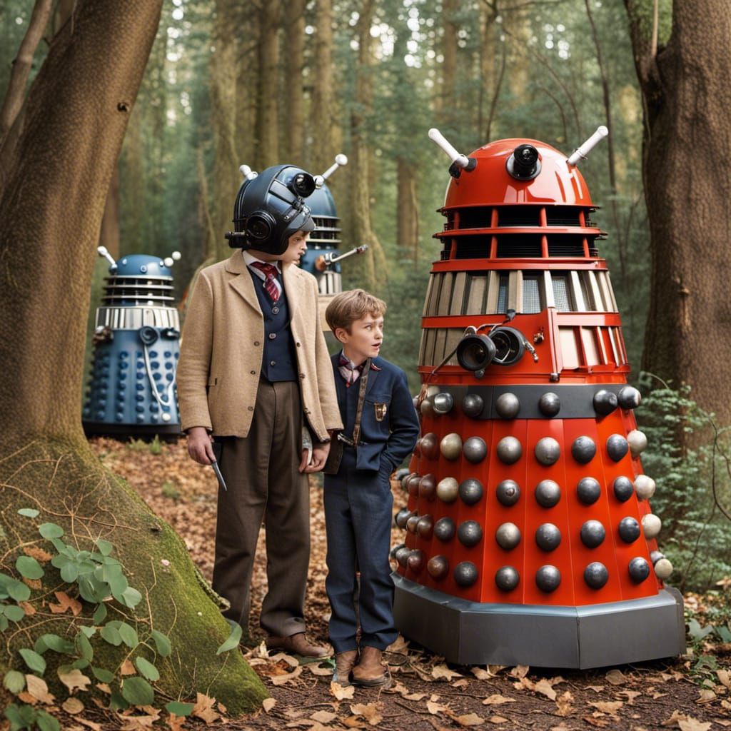 Daleks Surround Boys in 1950s Woodland Scene