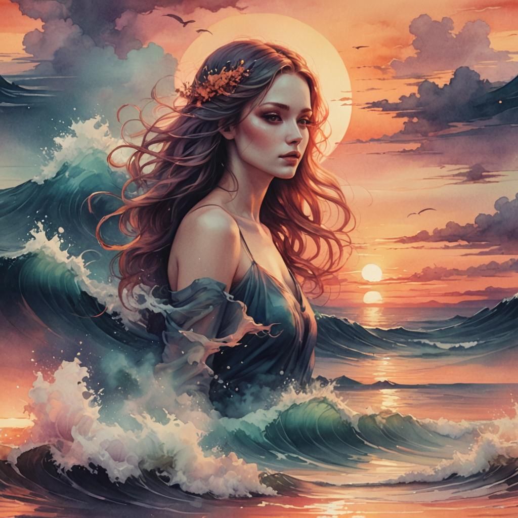 Sunset Over the Ocean: An Acid Ink Illustration