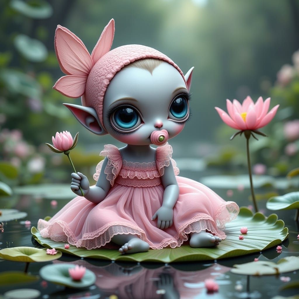Cute Alien Baby on Lily Pad in Whimsical Style