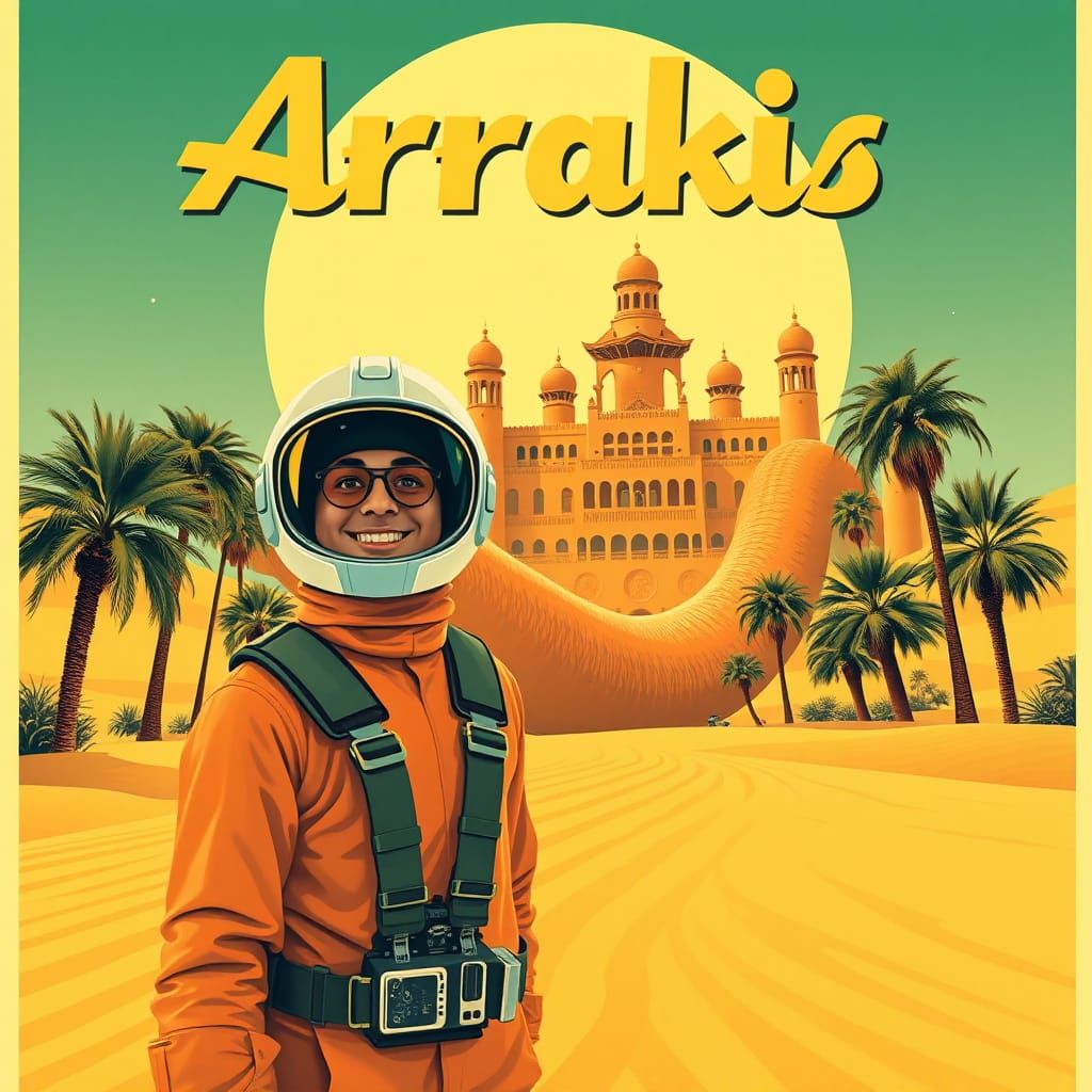 Arrakis Travel Poster: Sandworm Encounter in Retro-Futuristi...