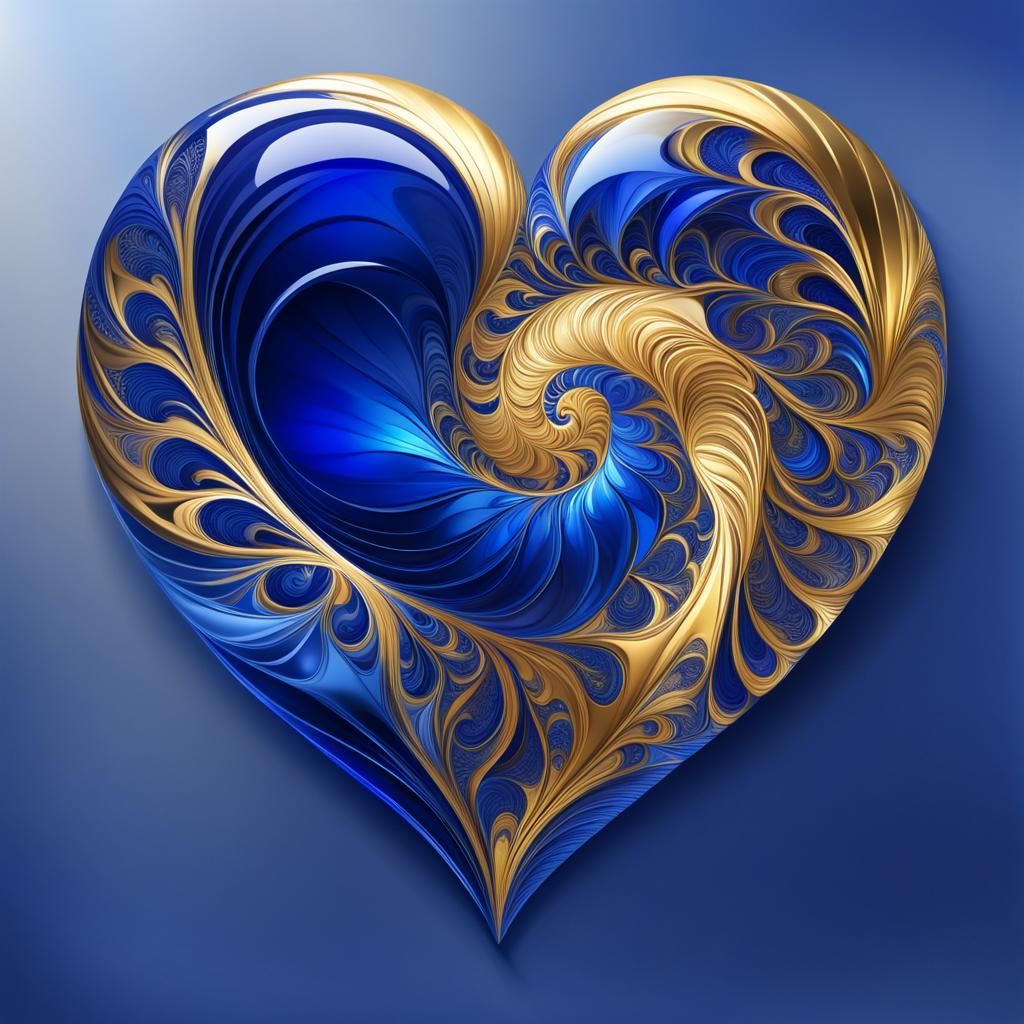 Gold Heart on Blue Glass in Hyperreal Style