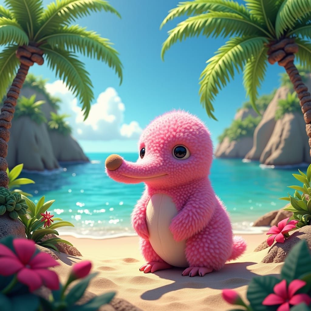 Baby Snuffleupagus on Tropical Beach in Matte Painting Style