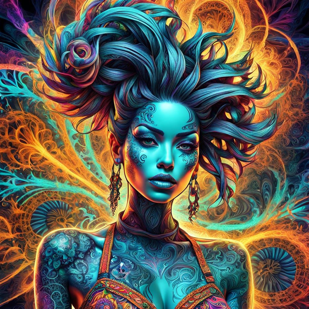 Tattooed Woman with Abstract Neon Background in Digital Art