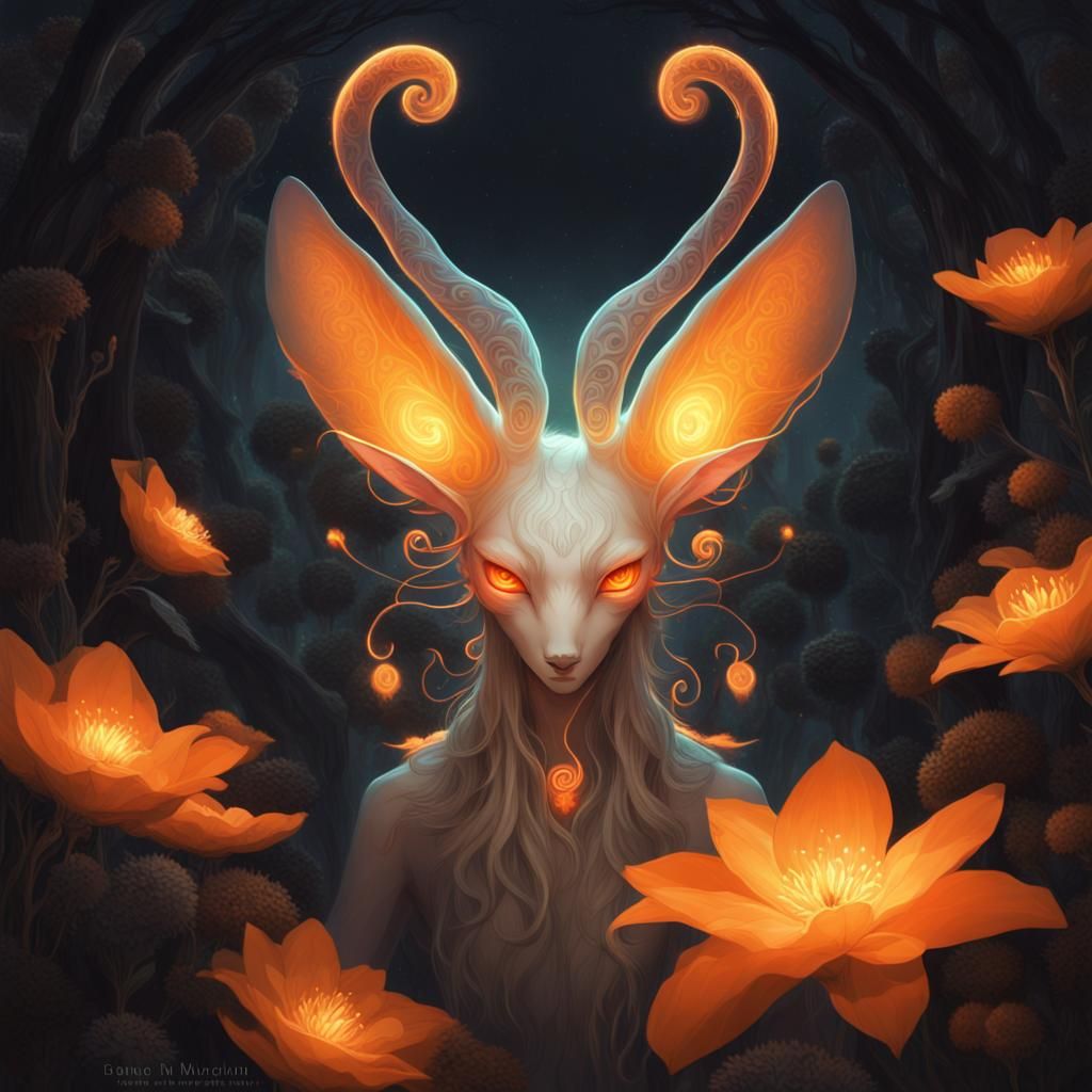 Mystical Creature with Glowing Eyes in Ethereal Setting