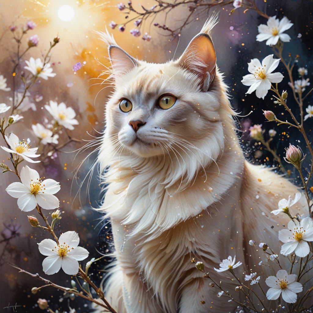 Burmese Cat Among Flowers in Ethereal Watercolor Style