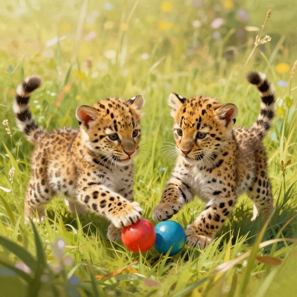 Two Cute Leopard Cubs Play Happily with Balls
