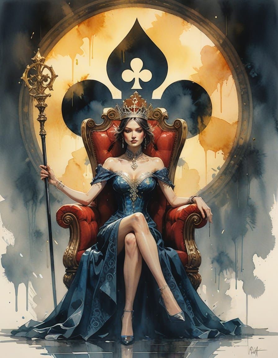 Queen of Clubs on Throne, Stylized Watercolor Painting