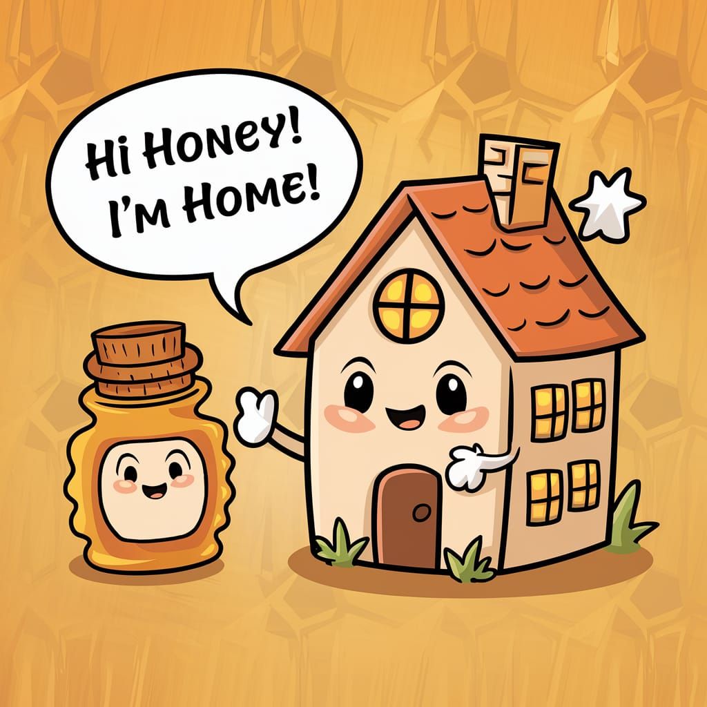Cartoon House Greets Honey Bottle