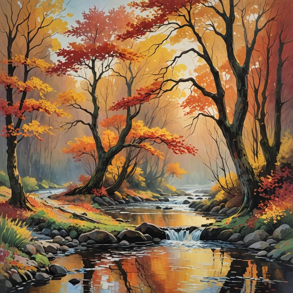Vibrant Autumn Tree by Stream: Impressionist Painting