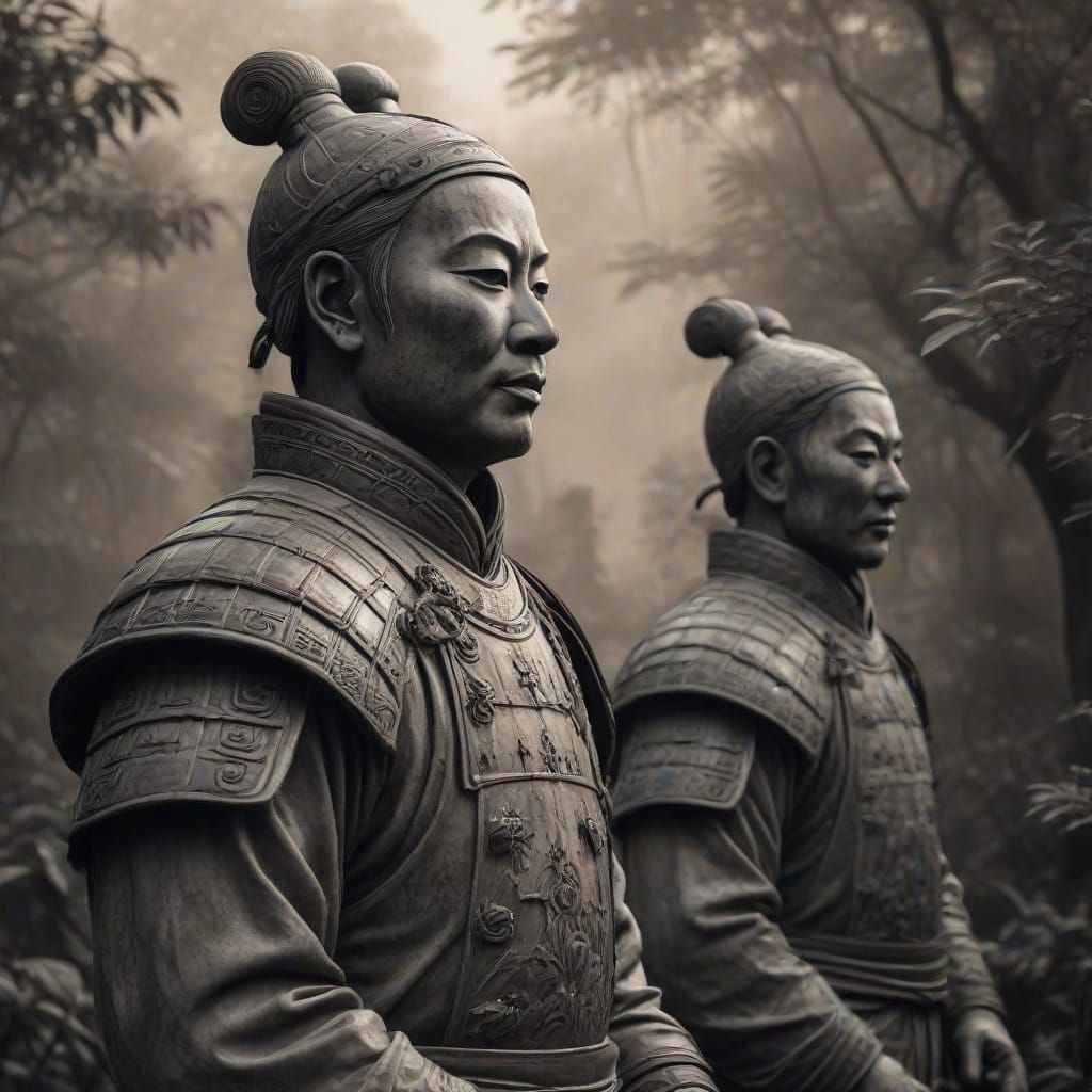 Ancient Chinese Soldiers in Serene Garden Charcoal Drawing