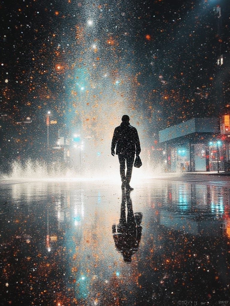 Neon Reflections on Wet Street in Watercolor