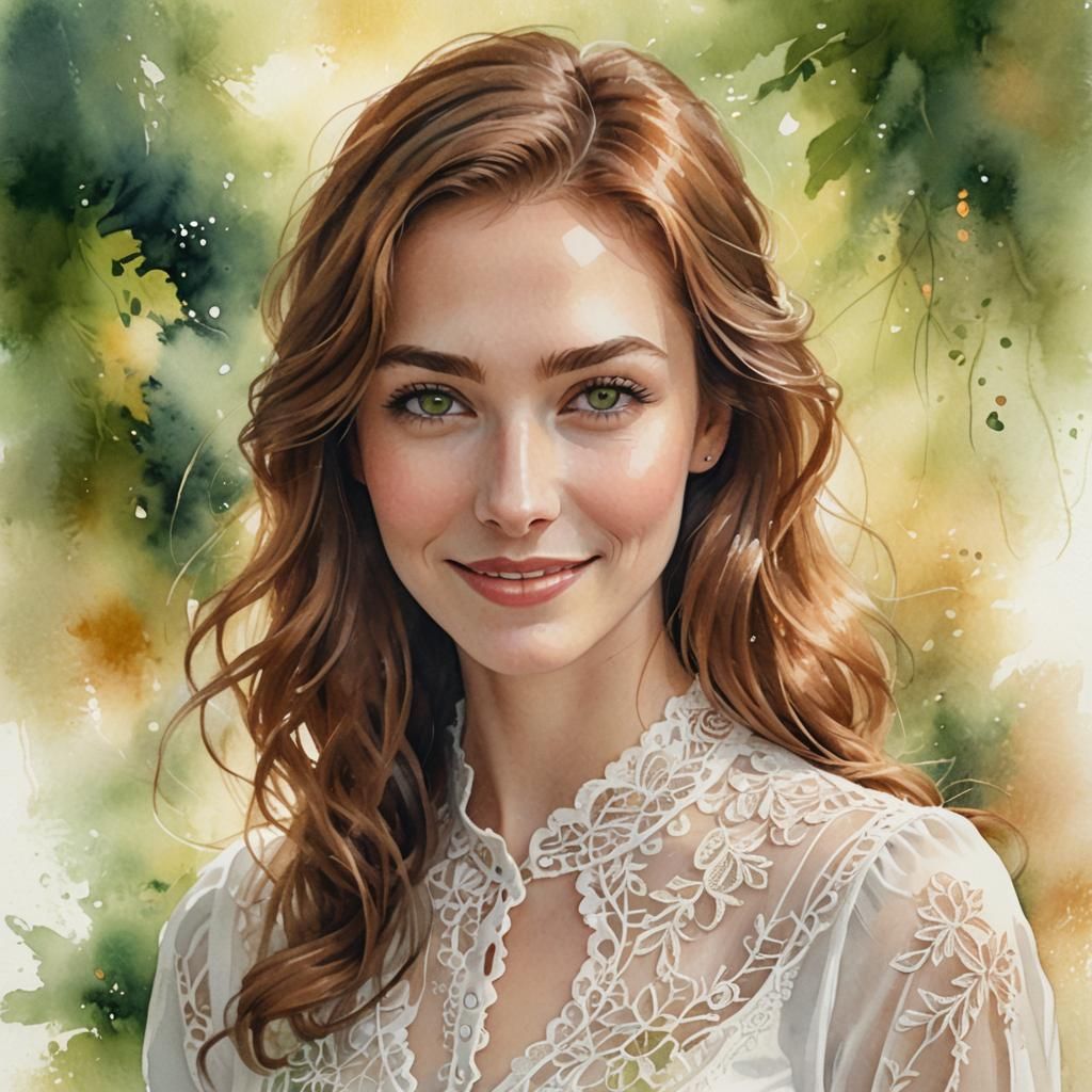 Warmly Smiling Woman in Watercolor-Inspired Digital Painting