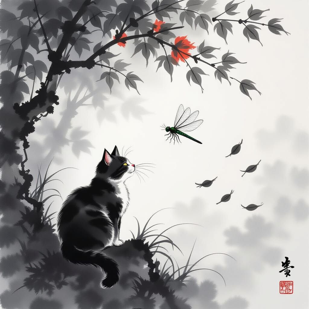 Cat Melting Into Tree Chasing Dragonfly in Ink Wash Style