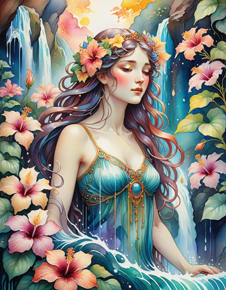 Watercolor Art Nouveau Goddess Emerges from Waterfall